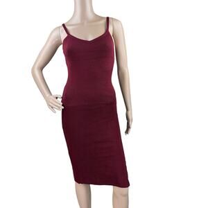 Women Knitted Burgundy V-Neck Spaghetti Strap Knee Length Bodycon Dress Size S